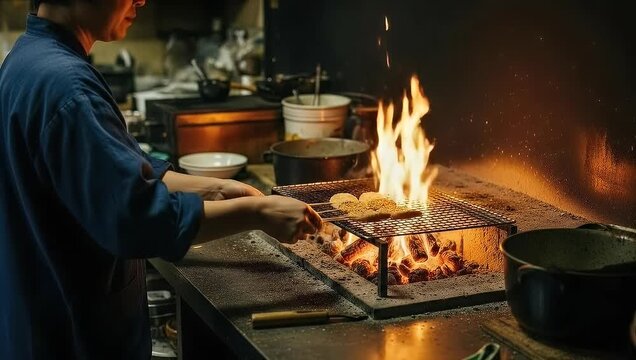 Chef grilling mochi over open fire in a restaurant kitchen, creating a warm and inviting atmosphere