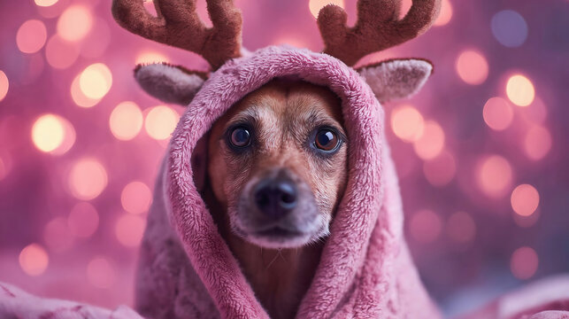 dog wearing reindeer antlers and cozy blanket on pink festive background. dog dressed in reindeer antlers and wrapped in a soft fleece blanket.