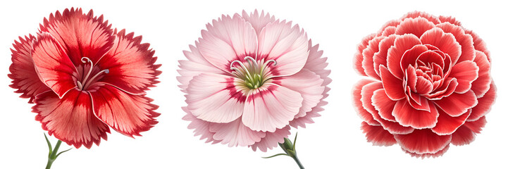 Set of A Dianthus flower with top view isolated on a transparent background 