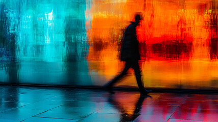 A hauntingly beautiful visual of a lone walker bathed in neon reflections