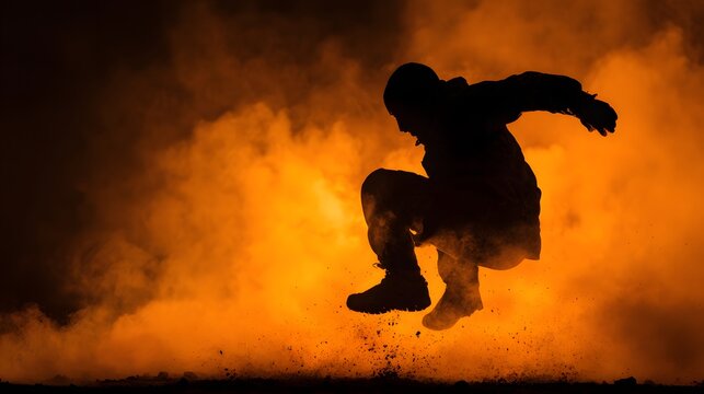 Silhouette of person performing a dynamic jump against an intense orange smoke background