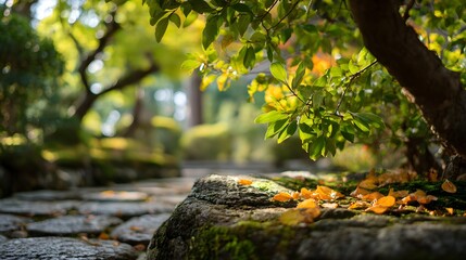 Obraz premium Japanischer Garten mit Steinweg und grünem Laub im Sonnenlicht 