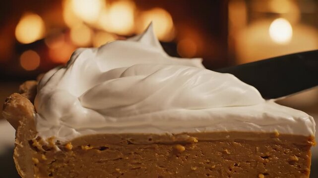 Luscious pumpkin pie slice getting whipped cream, a perfect Thanksgiving dessert, warm and inviting, a comforting holiday treat for family gatherings