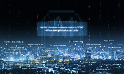 Futuristic digital city skyline with glowing data network illustrating agentic AI that can decide...