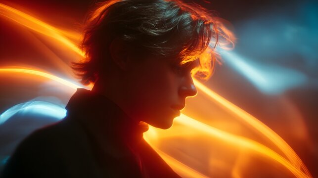Profile silhouette of a young person illuminated by vivid streaks of warm and cool light trails - Powered by Adobe
