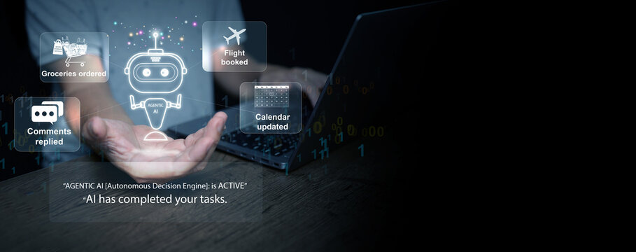 Agentic AI concept. An autonomous digital assistant chatbot making decisions and completing tasks like booking flights, ordering groceries, and updating calendars by itself. Automation technology. - Powered by Adobe