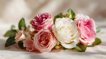 Fototapeta premium Delicate grouping of pink and cream roses rests upon softly draped fabric
