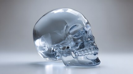 Translucent sculpted human cranium rests against a softly lit neutral backdrop