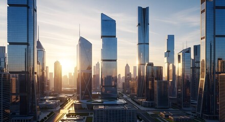 Skyline Symphony: Modern skyscrapers pierce the clouds in a vibrant cityscape, the sun casting long shadows as it illuminates the glass facades and creating an iconic silhouette of urban design.