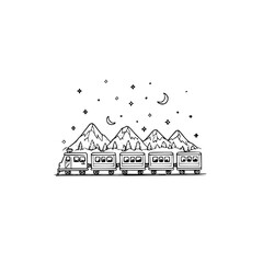 Obraz premium Mountain train journey under the stars scenic travel adventure drawing vector illustration black and white line art