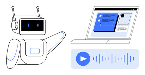 Robot gesturing toward laptop with chats and audio waveform. Ideal for artificial intelligence, technology, communication, chatbot development, digital interaction, automation, education. Simple flat