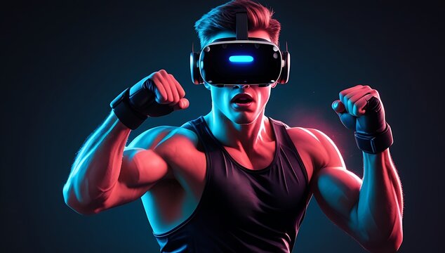Powerful man immersed in virtual reality boxing game with cutting edge technology