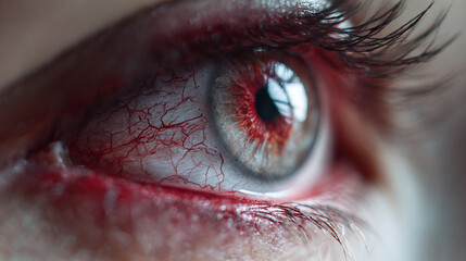 Red eyes with blood vessels in the eyes.