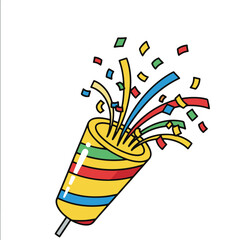A cheerful cartoon vector illustration of a party popper, striped in yellow, red, blue, and green, actively bursting and ejecting a spray of colorful confetti and streamers with thin outline details.