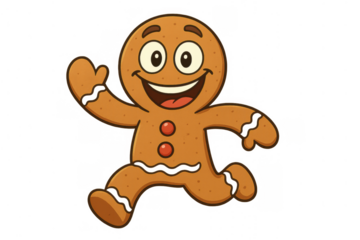 Gingerbread man character happily running and waving. Sweet christmas holiday cookie mascot cartoon smiling, isolated