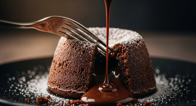 Macro of chocolate lava cake being cut open, melted chocolate flowing out