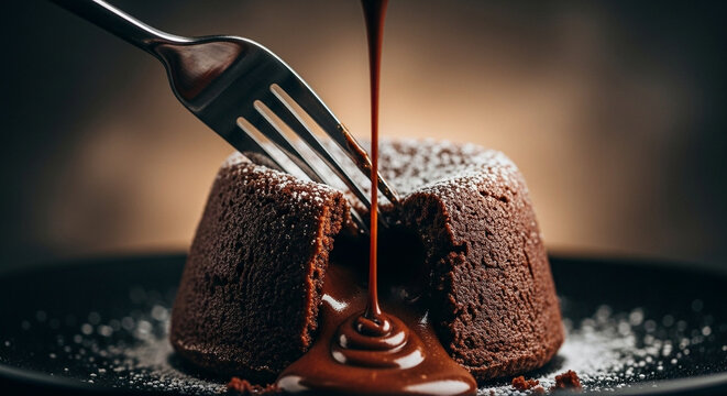 Macro of chocolate lava cake being cut open, melted chocolate flowing out - Powered by Adobe