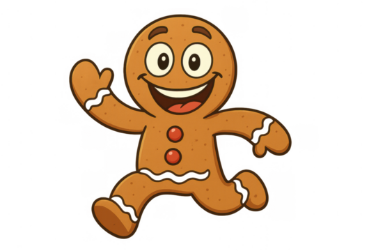 Gingerbread man character happily running and waving. Sweet christmas holiday cookie mascot cartoon smiling, isolated
