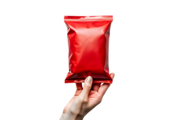 Hand holding red liquid pouch isolated on black background isolated on white background isolated on transparent background