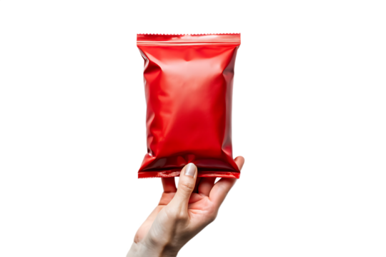 Hand holding red liquid pouch isolated on black background isolated on white background isolated on transparent background