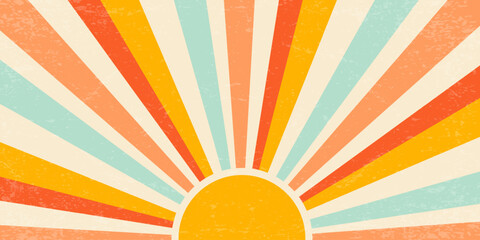 Sunset with rays summer 70s background. Groovy textured vintage radial pattern of beams. Abstract vector poster design. Grunge trendy illustration