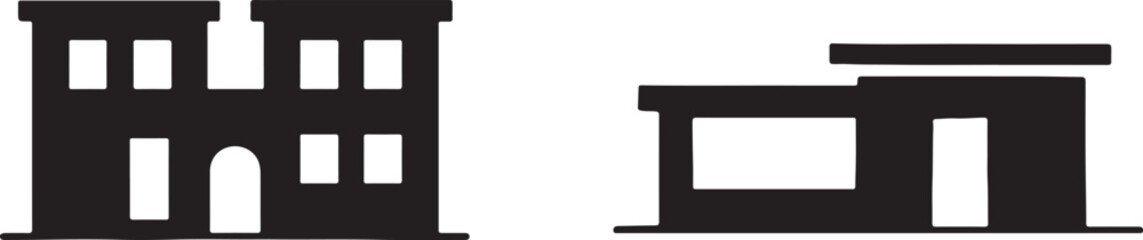 Building Architecture Icons: University Campus and Modern Storefront