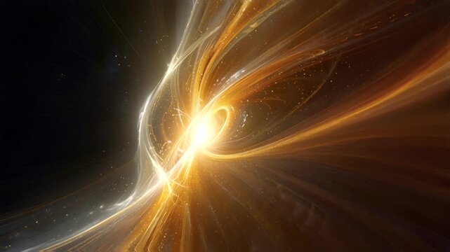 a powerful abstract vortex of light energy, dominated by brilliant gold, orange and white hues that contrast sharply with a dark black background