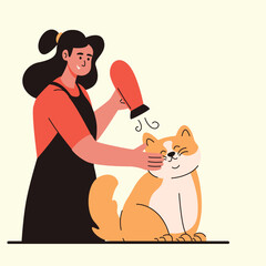 Pet Grooming gently drying the cat’s fur with a warm blower after a nice cleaning session