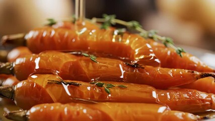 Honey being poured onto roasted carrots with thyme in a dynamic food preparation scene, showcasing delicious and healthy eating, perfect for foodie blogs - Powered by Adobe