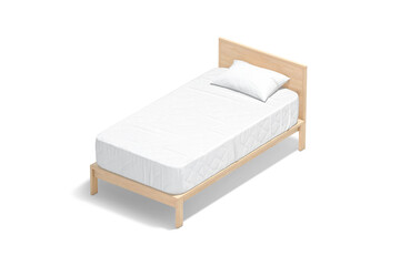 Blank wooden single bed with white bedding mockup, transparent background, png, 3d rendering. Empty small singlebed with pillow and mattress mock up, cut out. Clear beds with cushion and mat sleeping.