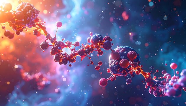 Abstract art showing connected spheres with bright, colorful lighting, depicting a concept or complex molecule