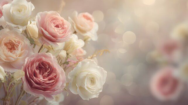 Cluster of soft pastel roses fills the left side of the frame against a dreamy bokeh background - Powered by Adobe