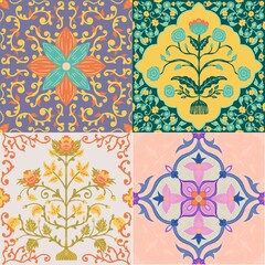 our ornate tile designs feature bright colors and intricate patterns. The top left tile shows a palm tree with floral motifs in green, orange, and blue. The top right tile has a floral design 