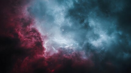 Obraz premium A vibrant cosmic nebula with swirling clouds of red and blue gas illuminated by distant stars