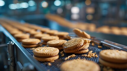 Sandwich Cookies Flowing on a Conveyor Belt in a Factory