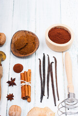 dessert ingredients and kitchen utensils on old white wooden table