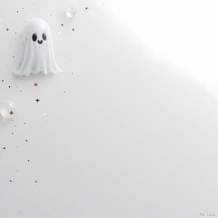 Soft white background with cute transparent ghosts drifting on one corner; center space clear for greeting text.