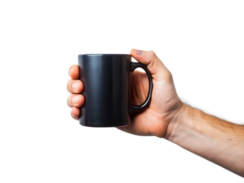 Hand holding a black mug isolated on black background isolated on white background isolated on transparent background