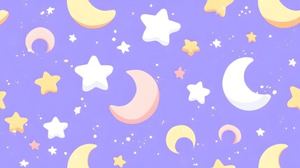 Seamless pattern featuring cute, stylized crescent moons and stars scattered across a lavender background