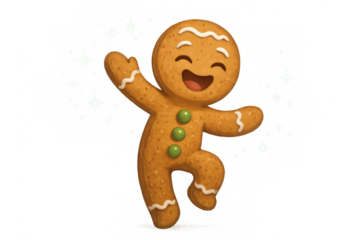Gingerbread man dancing, celebrating happy festive holidays, a joyful sweet christmas cookie character with sparkling lights