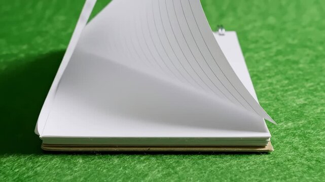 A lined notepad with a page lifting up, placed on a green, textured surface