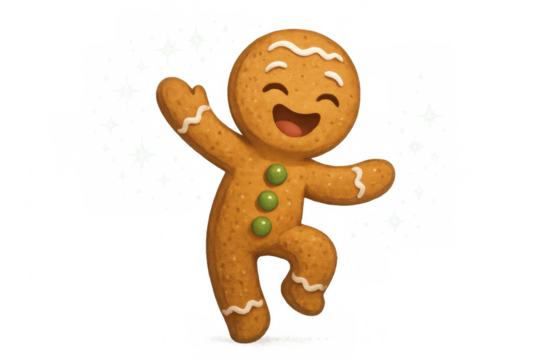 Gingerbread man dancing, celebrating happy festive holidays, a joyful sweet christmas cookie character with sparkling lights