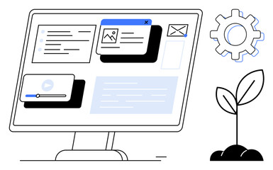 Computer monitor displaying interactive interface components, including videos and messages, alongside a gear and sprouting plant. Ideal for technology, innovation, growth, eco-friendliness