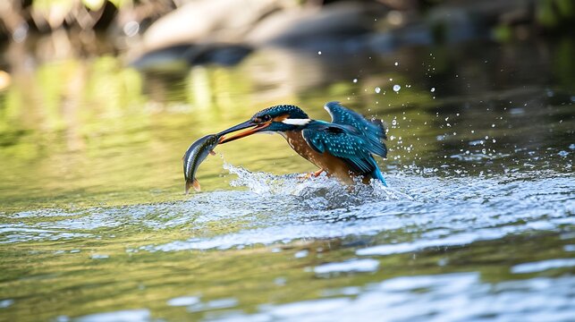 Kingfisher catches fish in river splash high resolution photo - Powered by Adobe