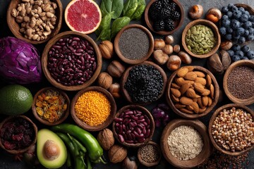 Health food assortment featuring various fruits, vegetables, nuts, and seeds arranged neatly on a dark surface suggesting nutritious eating for fitness enthusiasts