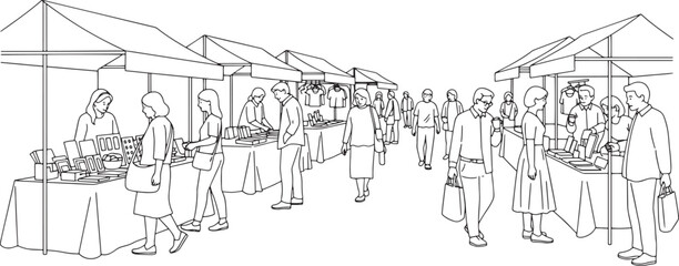 Outdoor Street Market with Shoppers and Stalls - Black and White Line Art Illustration