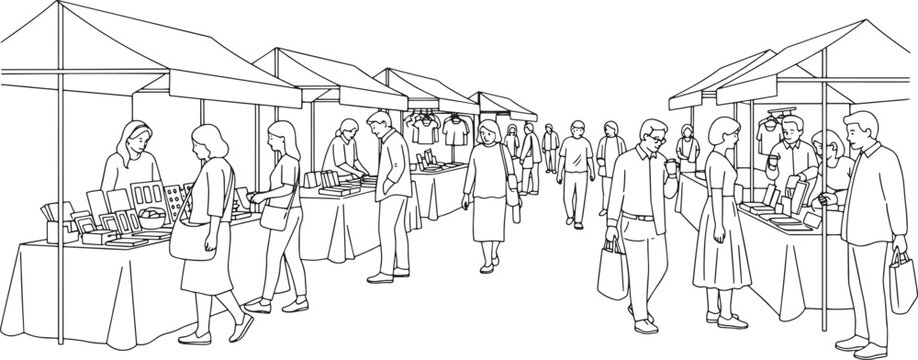 Outdoor Street Market with Shoppers and Stalls - Black and White Line Art Illustration
