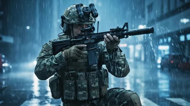 Military personnel navigate a rain-soaked city at night, carefully scanning their surroundings while holding tactical weapons ready for potential threats.