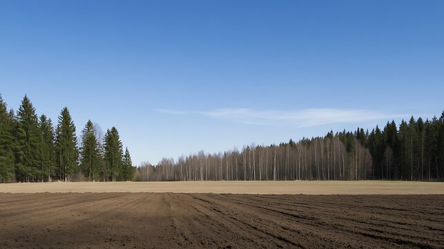 Wide open field with distant trees under blue sky high resolution photo