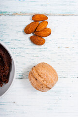 muffin baking ingredients on white wooden table